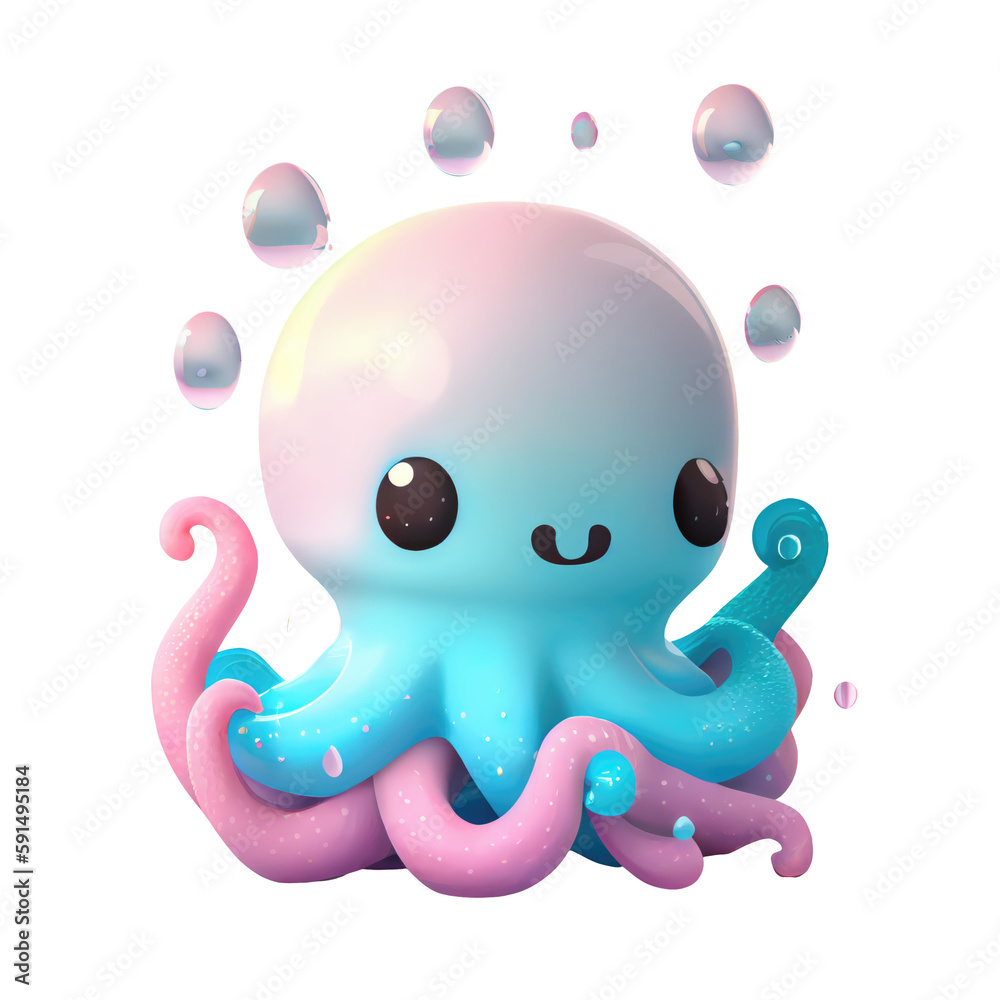 3d icon cute octopus kawaii smiling cartoon illustration. Summer Ocean ...