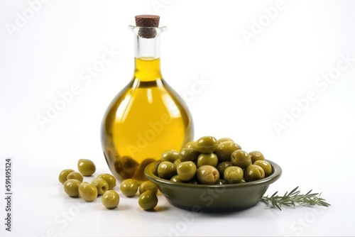 Petite bouteille d'huile d'olive avec bouchon en liège  présenté avec des olives sur fond blanc