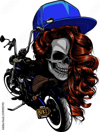 head woman skull with hat on motorcycle vector illustration. digital hand draw