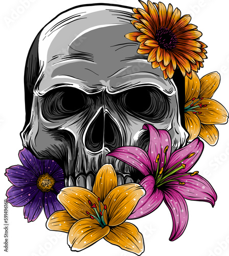 human Skull with Flowers. vector illustration on white background. digital hand draw