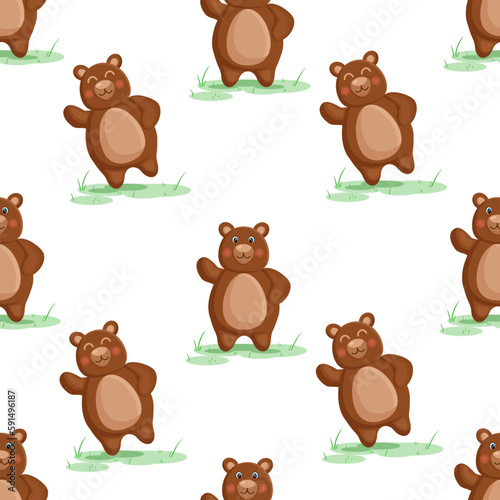Seamless vector pattern with forest brown bear, on the grass. Vector illustration for fabric, texture, wallpaper, poster, postcard. Editable elements. Cartoon design. © Irina Anashkevich