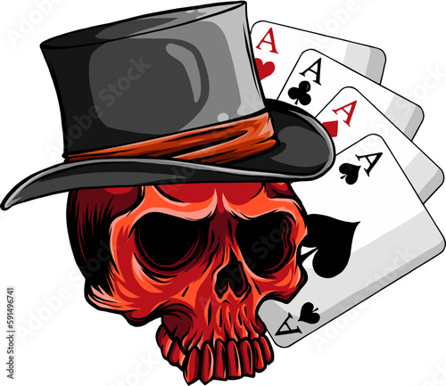 Gentleman skull in cylinder hat with aces poker vector illustration. digital hand draw