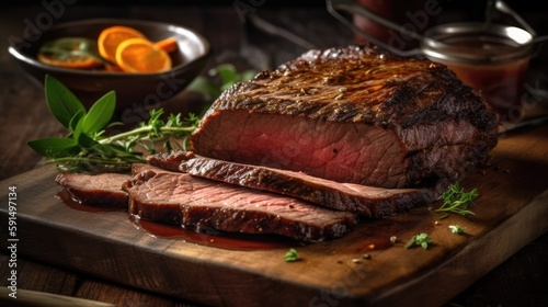 Grilled beef steak on wooden board. Generative AI