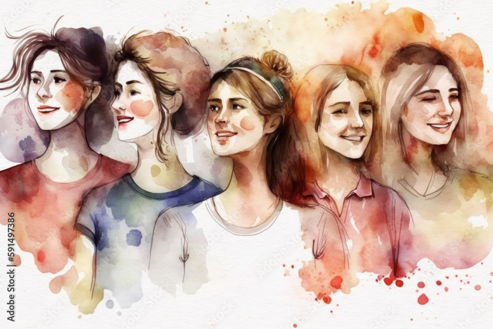 International Women's Day on March 8 Illustration. Happy group of women on International Women's Day, watercolor. Generative AI