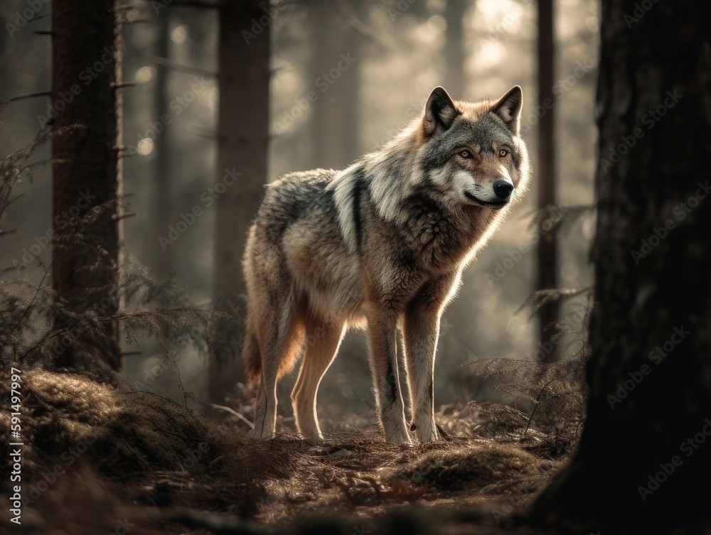 A lone wolf standing strong and fearless in a forest clearing A lone wolf standing strong and fearless in a forest clearing
