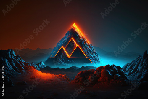 Creative fluorescent  neon color layout. futuristic triangle in the mountains. nature concept. ai generative