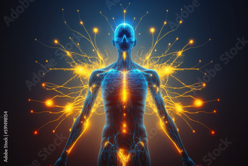 human brain and body. glowing blue lines. neural connections. artificial intelligence, cyberspace. AI Generative