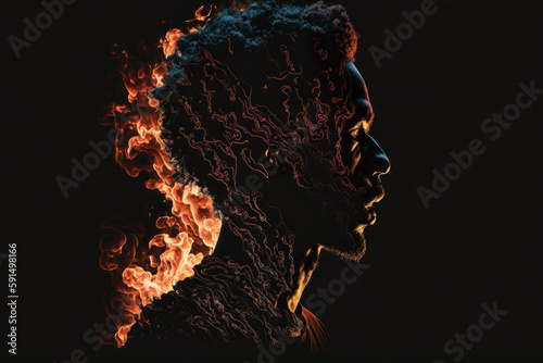 African man silhouette. black guy on a dark background, in red flame. strength and independence. ai generative