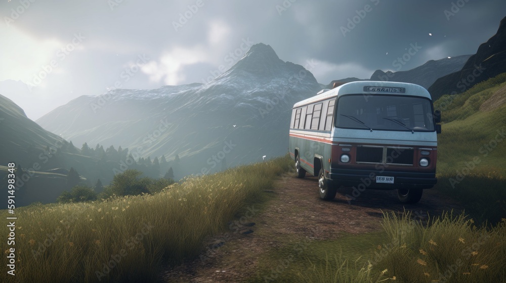 Camper van on the mountain roads, camping Camper van on the mountain roads, camping
