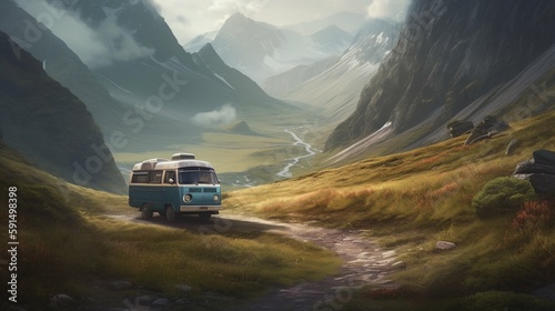 Camper van on the mountain roads, camping photo