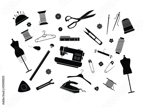 Set of sewing elements silhouette flat vector on a white background. 23 elements for tailors. Sewing concept icons. Sewing symbols