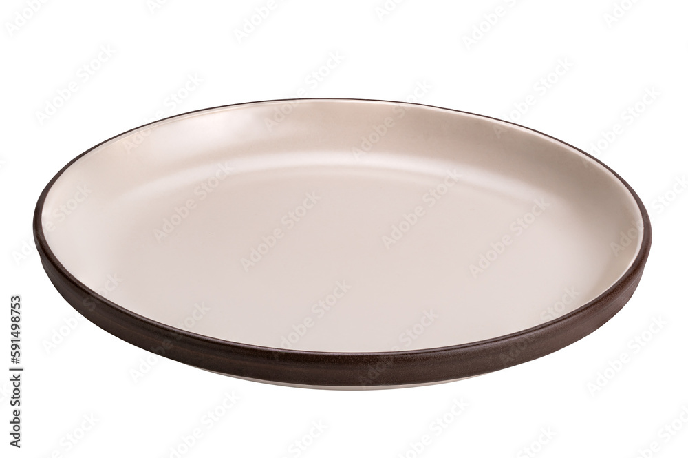Brown ceramic plate. Side view of empty plate with dark edge isolated on white background with clipping path. Brown ceramic plate. Side view of empty plate with dark edge isolated on white background with clipping path.