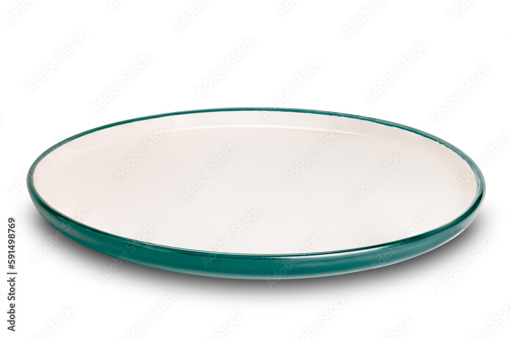 Empty green cersmic plate with green edge. View of green ceramic plate isolated on white background with clipping path Empty green cersmic plate with green edge. View of green ceramic plate isolated on white background with clipping path