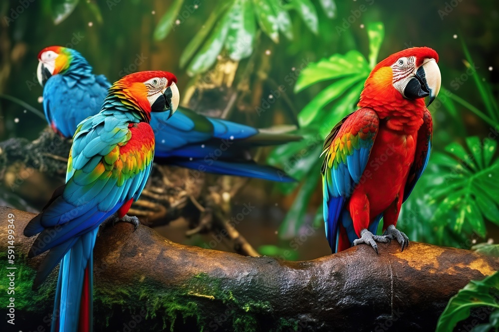 Exotic colorful parrots. Ai art. Tropical nature background