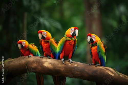 Exotic colorful parrots. Ai art. Tropical nature background