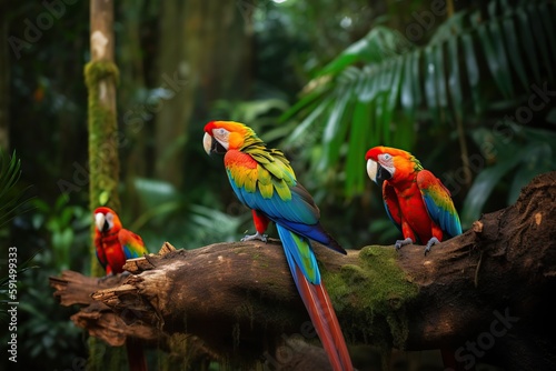 Exotic colorful parrots. Ai art. Tropical nature background