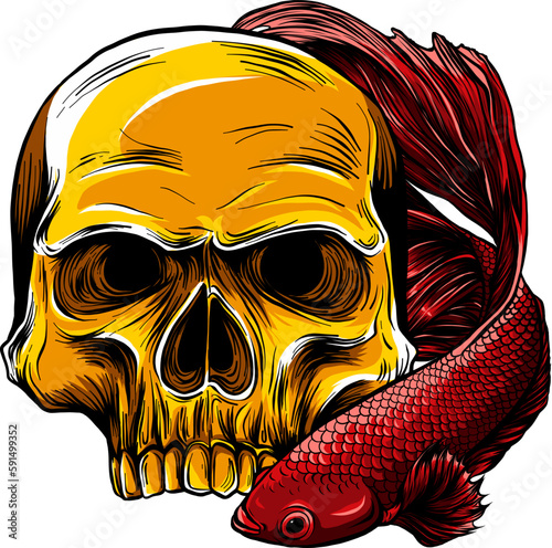 human skull with betta fish vector illustration on white background