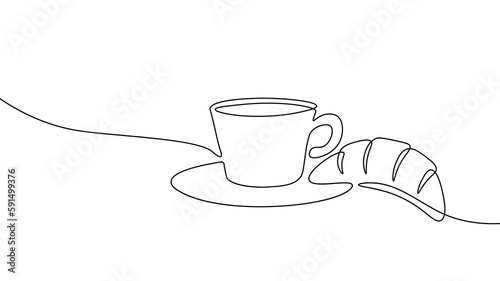 Single continuous line croissant art. Coffee morning cafe french bakery pastry logo silhouette. Concept design one sketch outline drawing vector illustration