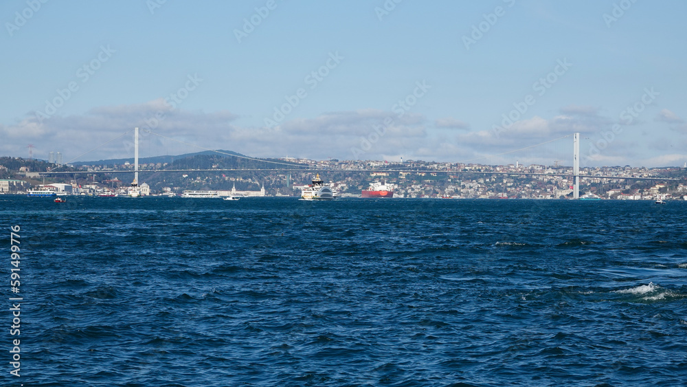 City line ferries and Touristic sightseeing ships passing through Eminonu Bosphorus, Istanbul Turkey