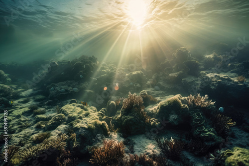 The Sun Shines Brightly Over A Coral Reef With Soft Corals and Algaes on It, and The Ocean Floor Is Covered in Algae and Algaes, Climate Changes Generative AI