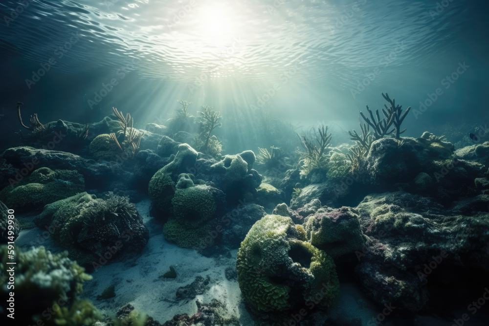 A Underwater View of A Coral Reef With Sun Shining Through The Water and A Few Small Fish Swimming Around It, and A Few Small Fish Swimming Around Climate Changes Generative AI