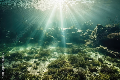 A Underwater Scene With Sunbeams Shining Through The Water and Plants Growing on The Bottom of The Water Climate Changes Generative AI