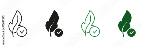Feather Hypoallergenic Concept Silhouette and Line Icon Set. Soft Sensitive Skin Sign. Hypoallergenic Tested Cosmetic Product Black and Green Symbol. Feather Check Logo. Isolated Vector Illustration
