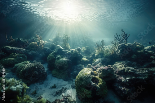 A Underwater View of A Coral Reef With Sun Shining Through The Water and A Few Small Fish Swimming Around It, and A Few Small Fish Swimming Around Climate Changes Generative AI © Damjan