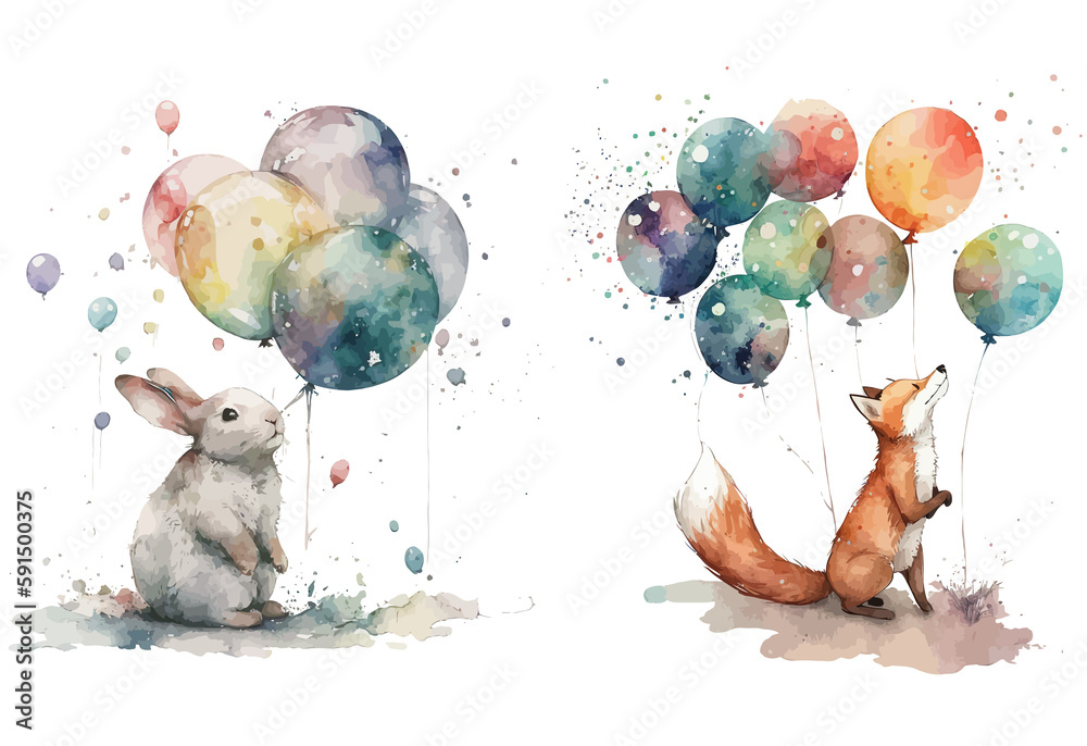 Fox and rabbit with balloons in watercolor style. Isolated . Generative AI - obrazy, fototapety, plakaty 