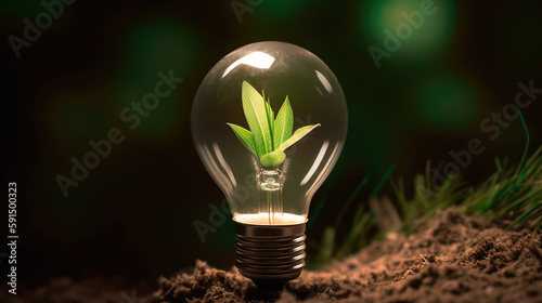 Green Energy and Sustainable Living Concept, A Plant Growing Inside a Light Bulb, Generative AI