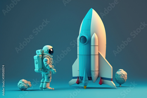 Fototapeta Naklejka Na Ścianę i Meble -  Blue Isometric composition with astronaut in space suits with a spaceship planet, icon isometric, Space exploration, AI Generative