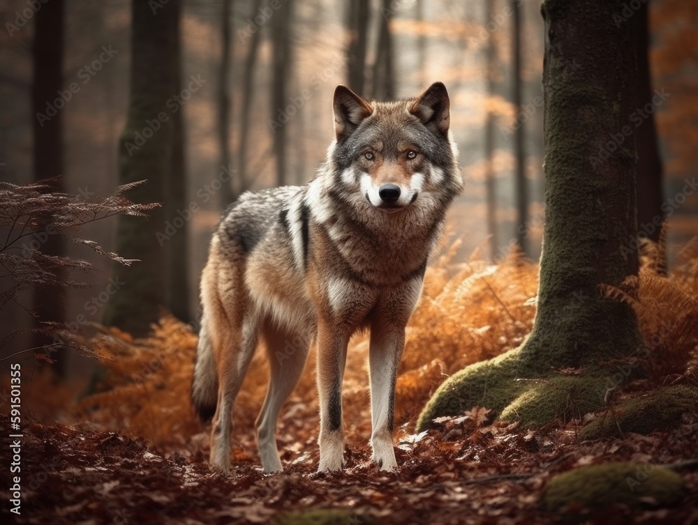 A lone wolf standing strong and fearless in a forest clearing