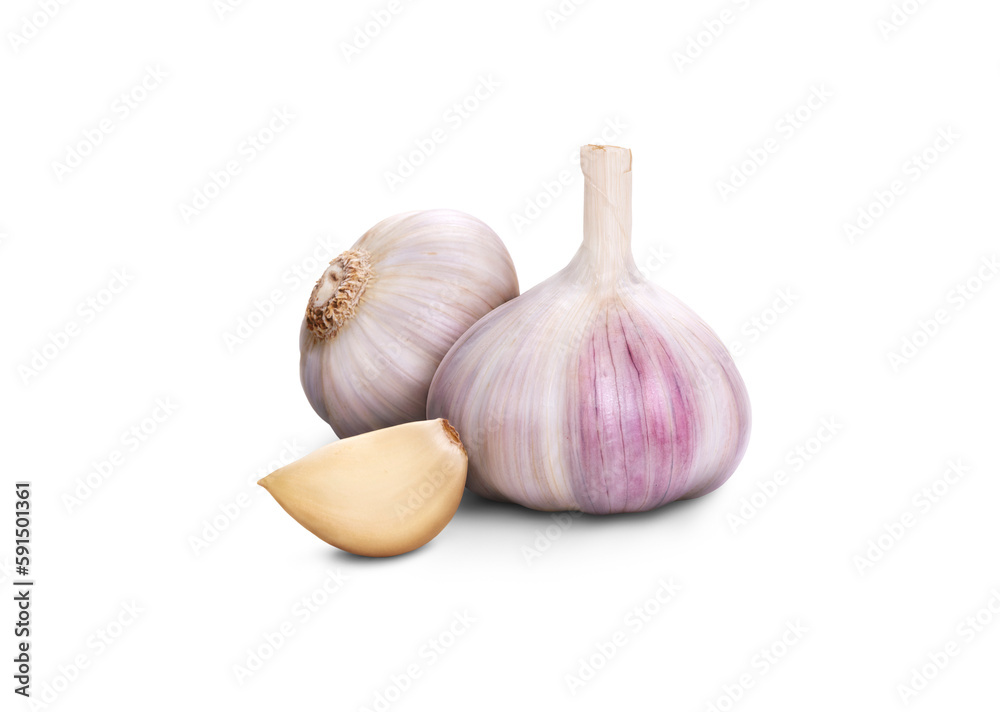 A whole fresh garlic head and clove segment isolated against a transparent background.