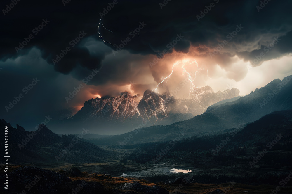 A Mountain Range With A Lightning Bolt in The Sky Above It and A River ...