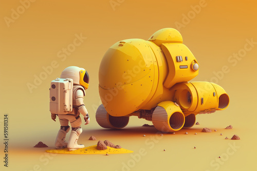 Yellow Isometric composition with astronaut spacesuits a spaceship, planet, icon, Space exploration, AI Generative