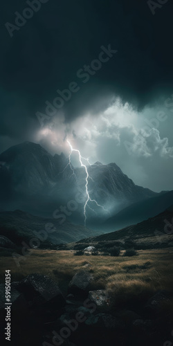 A Lightning Bolt Is Seen in The Distance Over A Mountain Range With Grass and Rocks and A Dark Sky and A Mountain Range Climate Changes Generative AI
