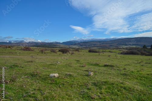 Green meadows with snow-capped mountains on the distance.