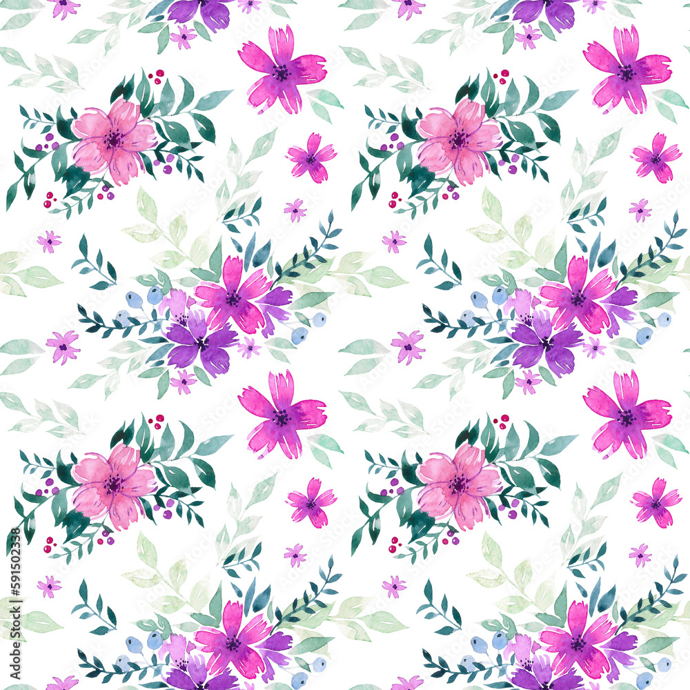 Watercolor seamless pattern with purple flowers and green leaves. Cute pattern for decoration, stationery, textiles, wrapping paper and scrapbooking. cute vintage style