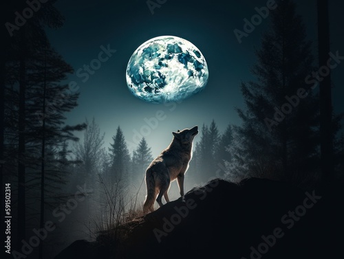 A lone wolf howling at the full moon in the dark forest © Suplim