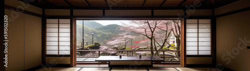 Japanese onsen ryokan. cherry blossoms outside. Spring season. Tradaitonal style architecture ryokan. Wide format. Generative AI. 