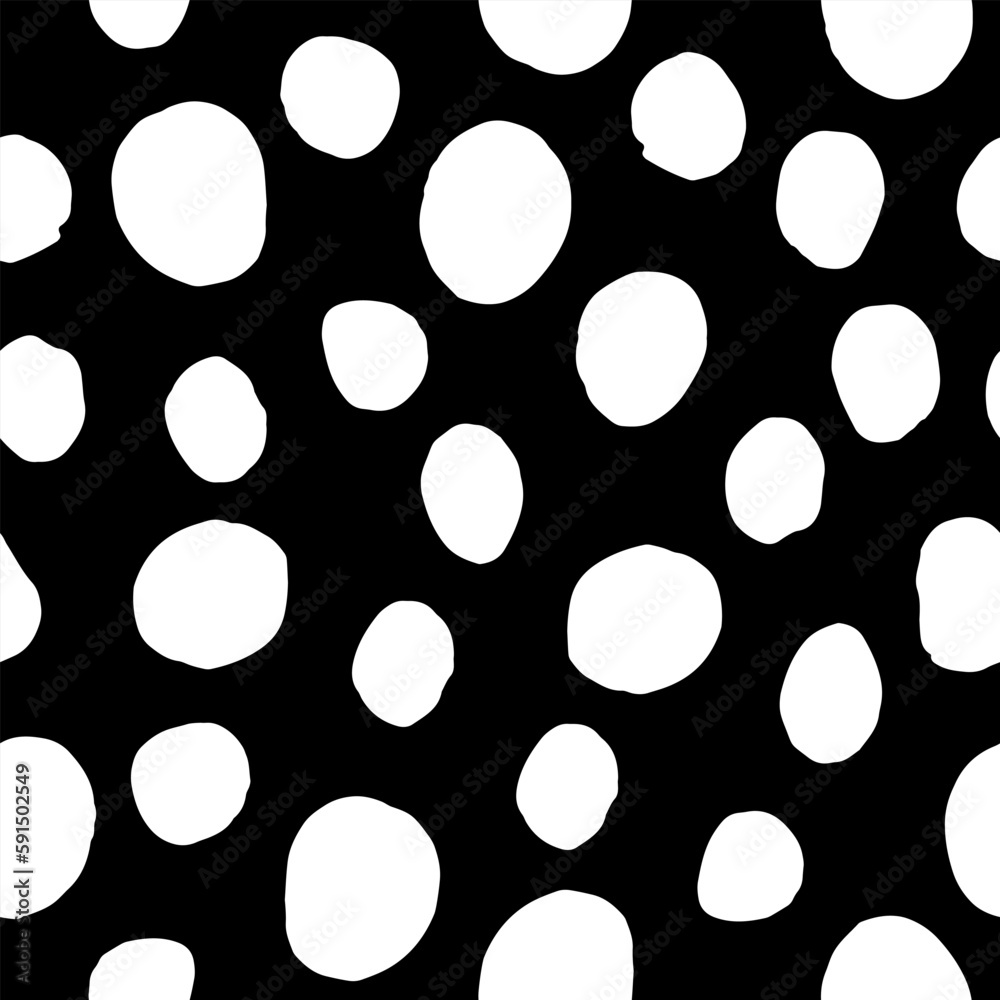 Seamless neutral polka dots pattern. White hand-drawn circles on Black background. Abstract Random points ornament. Vector simple illustration for wallpaper, fabric, print, wrapping paper, textile