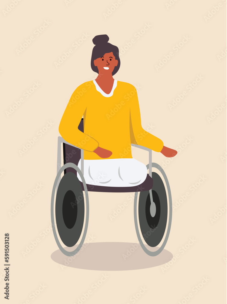 Concept People with disability women. This is an inclusive illustration of a woman in a wheelchair, depicted in a flat cartoon style. Vector illustration.