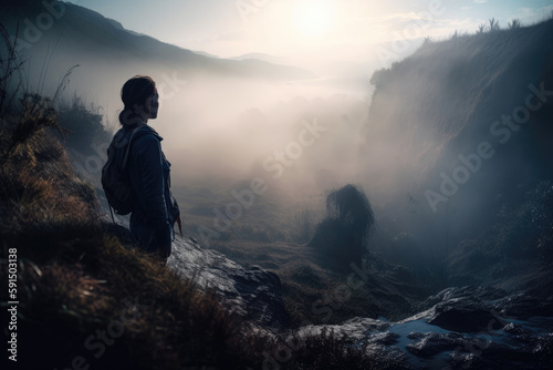 A Person Standing on A Cliff Looking at The Foggy Valley Below Them, With A Backpack on Their Back, and A Backpack on His Shoulder, Climate Changes Generative AI