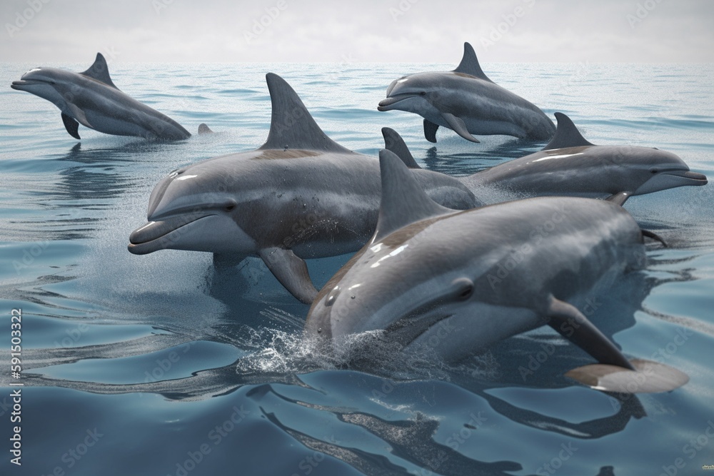 A detailed illustration of a group of marine mammals, such as dolphins or whales, Generative AI