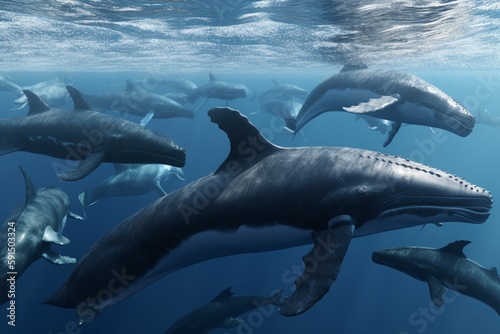 A detailed illustration of a group of marine mammals  such as dolphins or whales  Generative AI