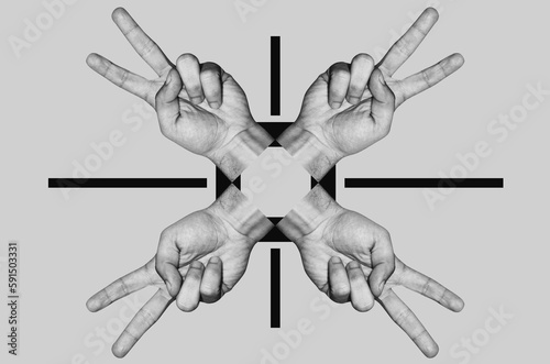 Digital collage with male hand with victory sign	