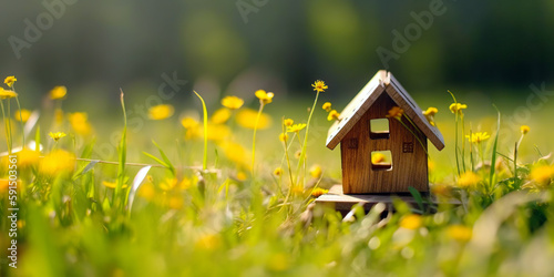  Eco house. Green and environmentally friendly housing concept. Miniature wooden house in spring grass, moss and ferns on a sunny day