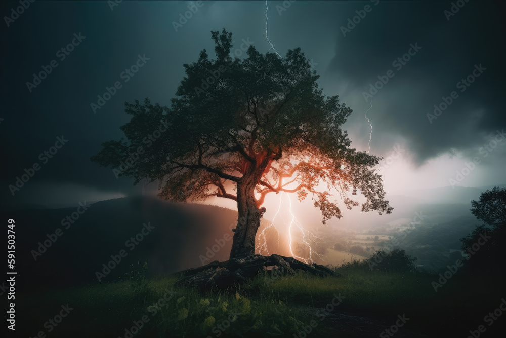 A Tree With A Lightning Bolt in The Background and A Dark Sky With ...