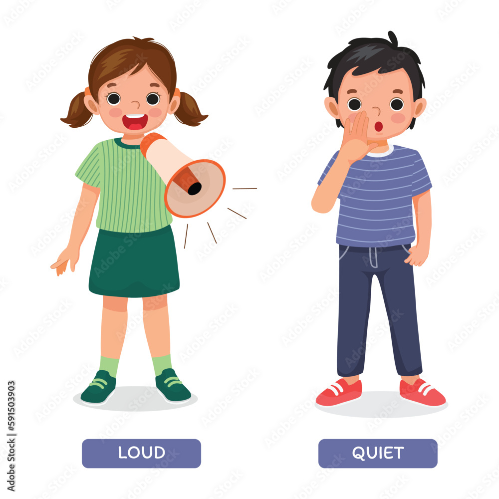 Opposite words antonym loud and quiet with little girl holding megaphone and boy whispering
Opposite words antonym loud and quiet with little girl holding megaphone and boy whispering