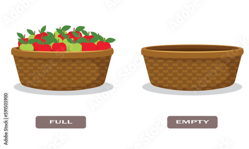 Opposite words antonym full and empty with basket of apples